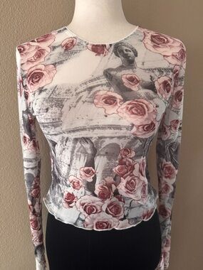 Bear Dance Sculptural Rose Print Long Sleeve Top - Blush Pink & Gray